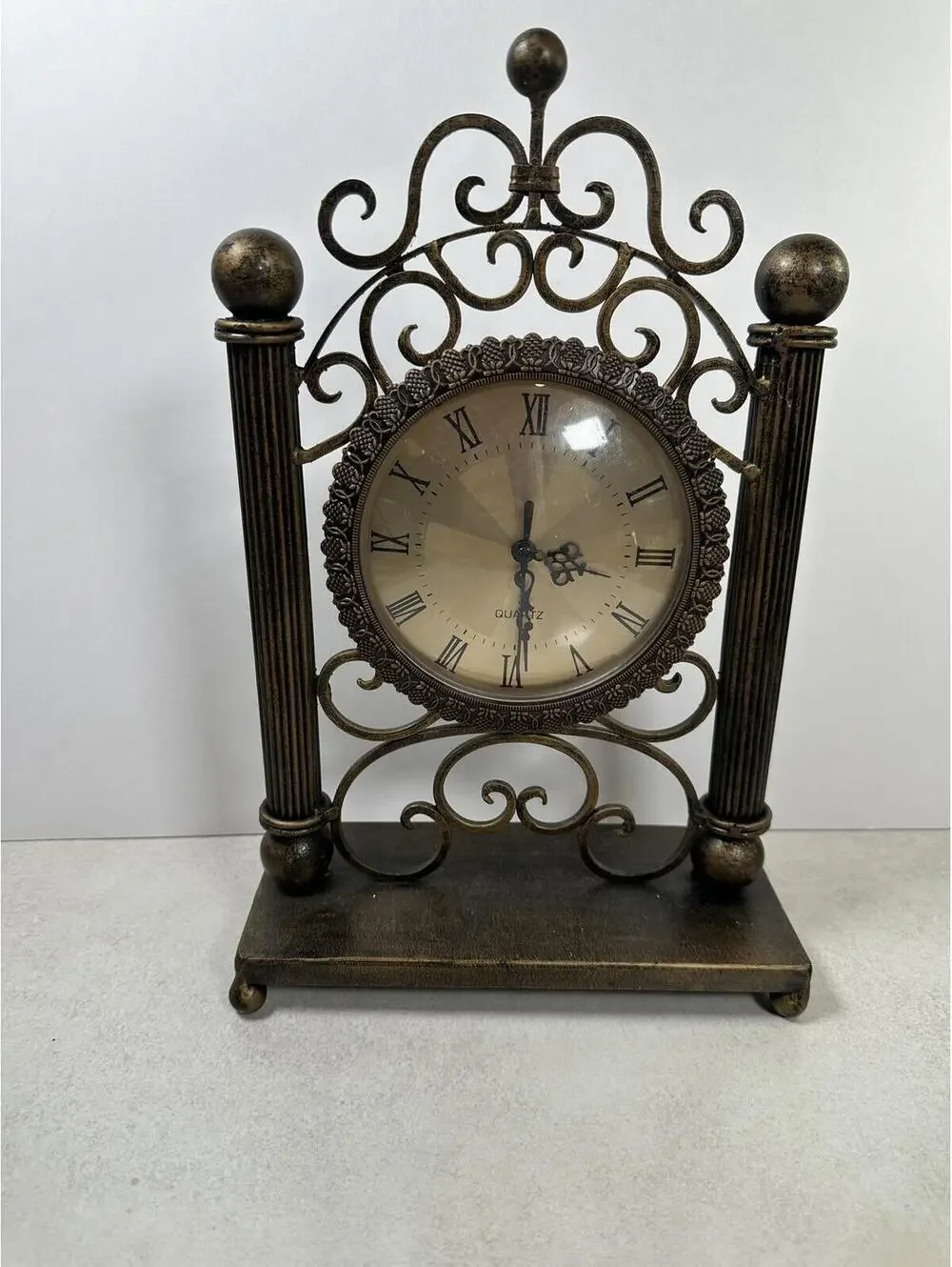 Bronze Tone Scrollwork Quartz Mantel Table Clock Tested Gothic Dark Academia